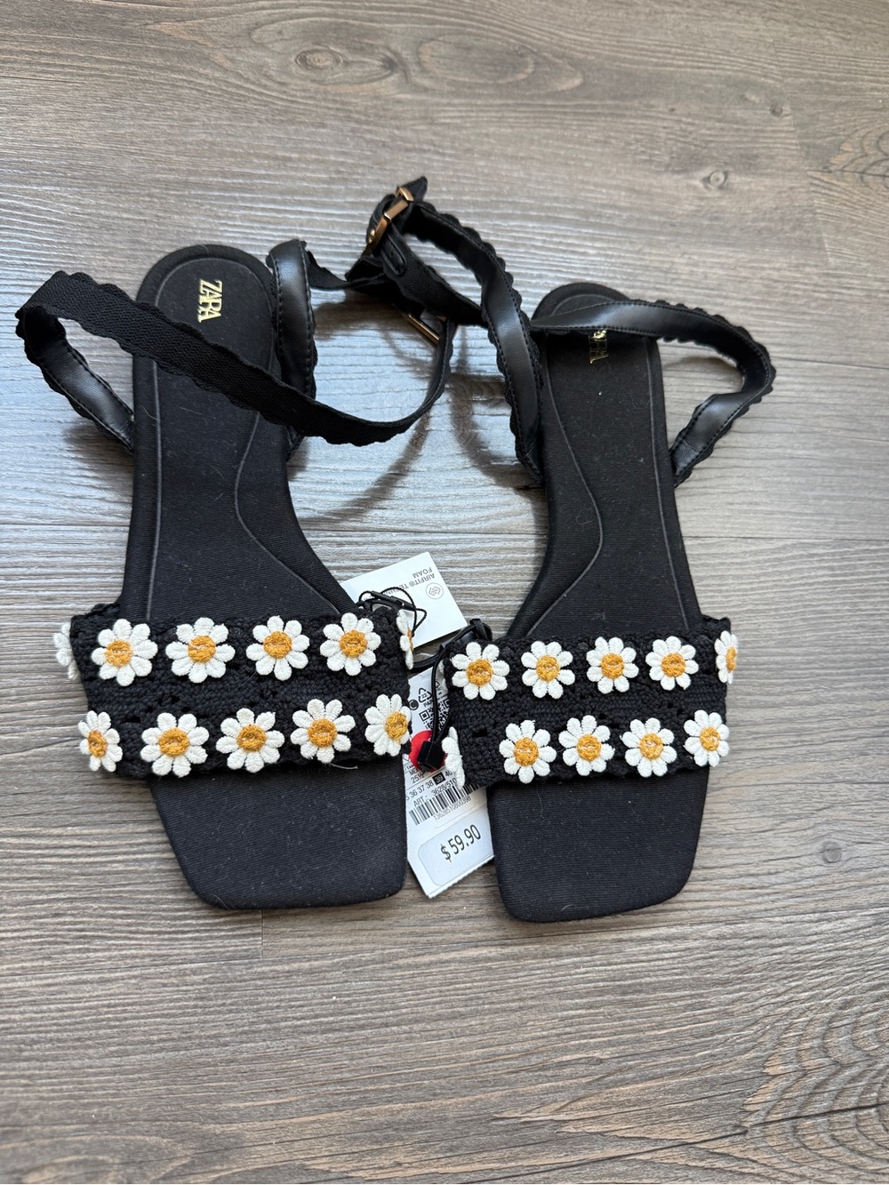 Zara Black Sandals with White & Yellow Daisy Embroidery